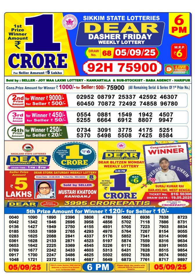 Lottery Result Today September 5, 2025