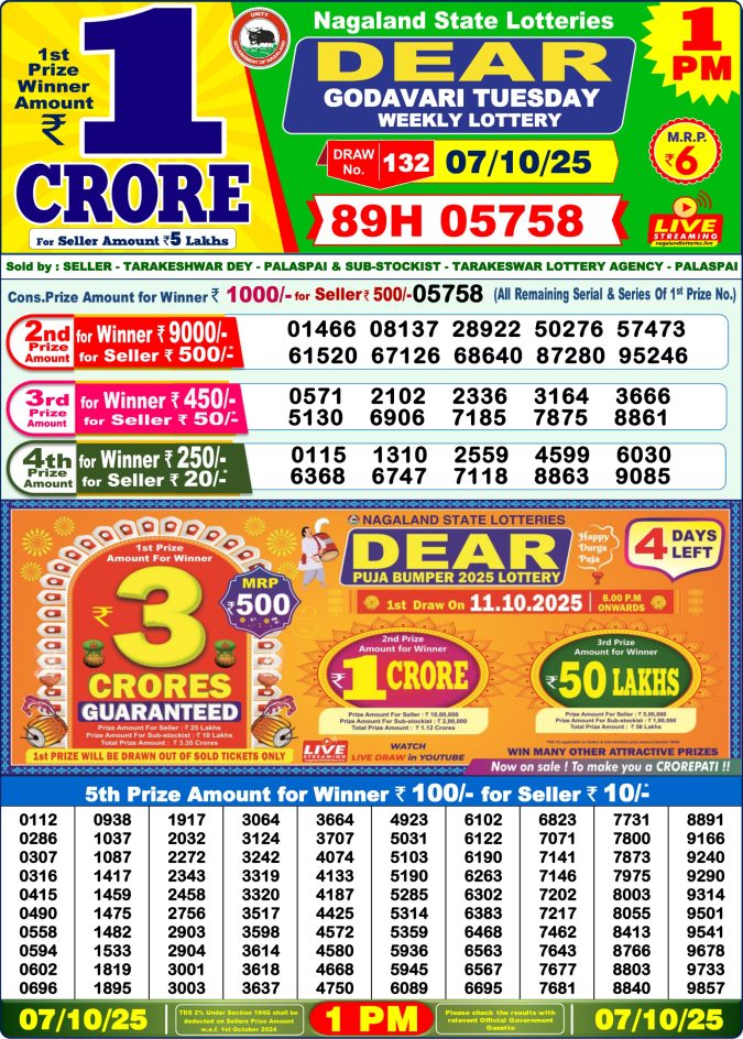 Dear Lottery Sambad 1PM Result Live 07.10.2025 Lottery Result Today October 7, 2025