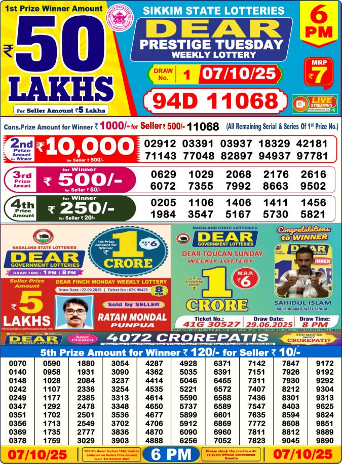 Dear Lottery Sambad 6PM Result Live 07.10.2025 Lottery Result Today October 7, 2025