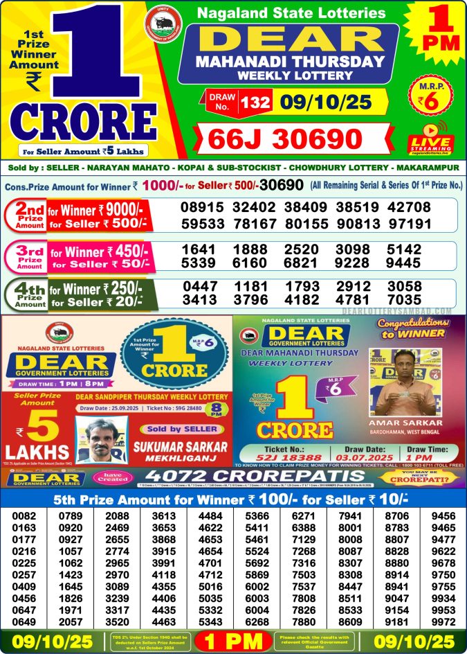 Dear Lottery Sambad 1PM Result Live 09.10.2025 Lottery Result Today October 9, 2025