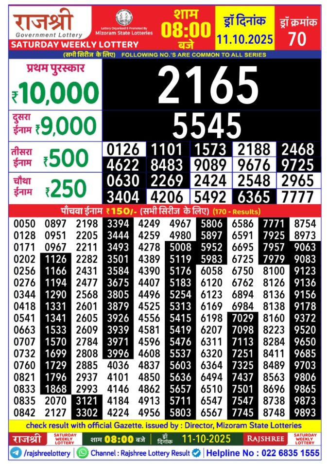Rajshree Lottery 8PM Result 11.10.2025 Lottery Result Today October 11, 2025