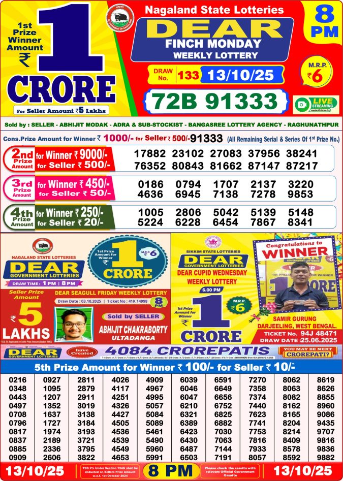 Dear Lottery Sambad 8PM Result Declared 13.10.2025 Lottery Result Today October 13, 2025