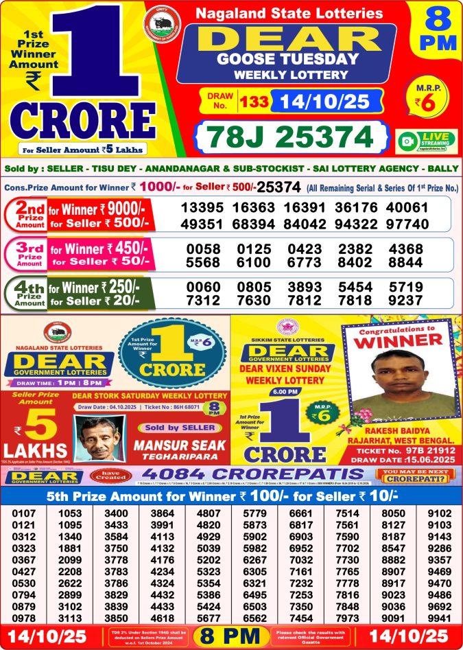 Dear Lottery Sambad 8PM Result Declared 14.10.2025 Lottery Result Today October 14, 2025