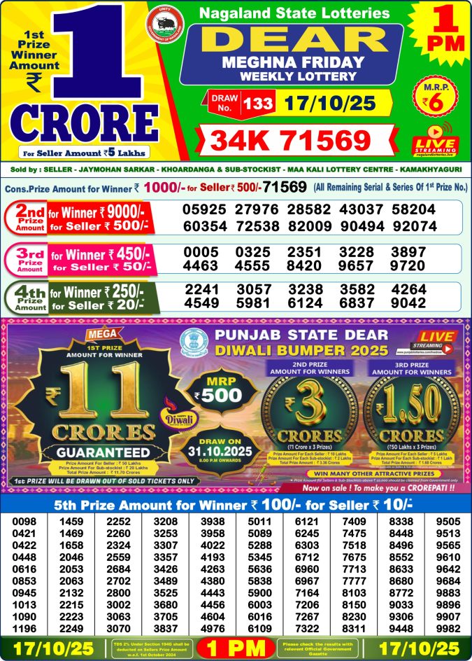 Dear Lottery Sambad 1PM Result Live 17.10.2025 Lottery Result Today October 17, 2025