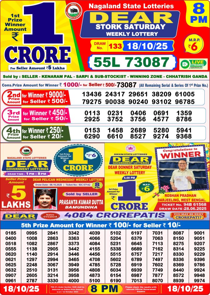Dear Lottery Sambad 8PM Result Declared 18.10.2025 Lottery Result Today October 18, 2025