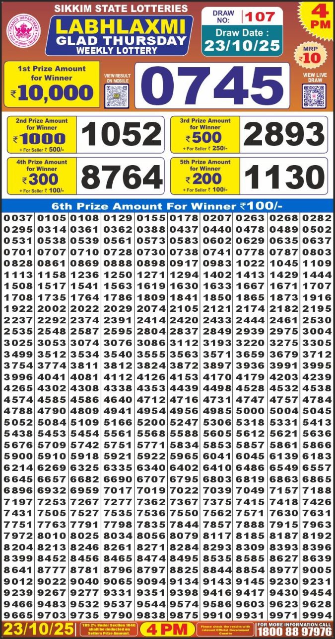 Labh laxmi Lottery 4PM Result 23.10.2025 Lottery Result Today October 23, 2025