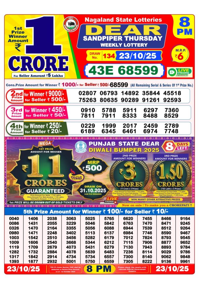 Dear Lottery Sambad 8PM Result Declared 23.10.2025 Lottery Result Today October 23, 2025