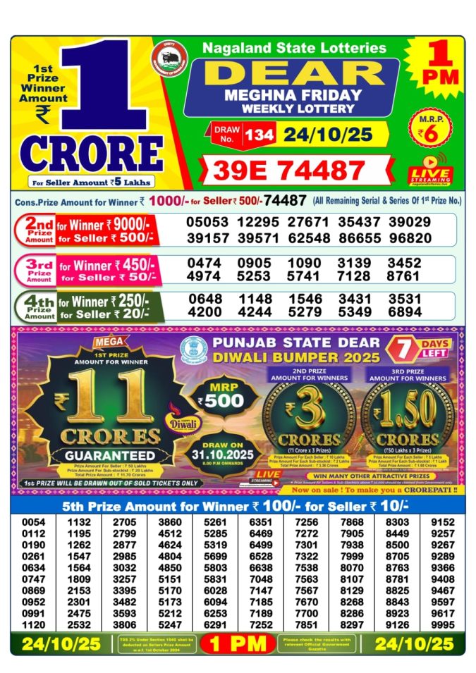 Dear Lottery Sambad 1PM Result Live 24.10.2025 Lottery Result Today October 24, 2025