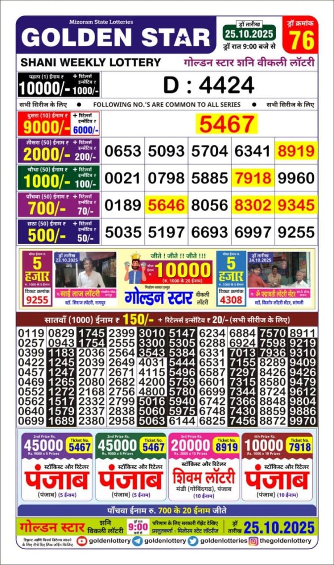 Golden Star Lottery 9pm Result Published 25.10.2025 Lottery Result Today October 25, 2025