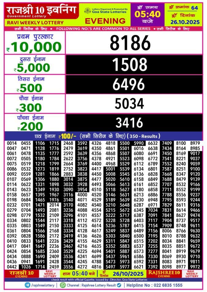 Rajshree 10 Evening Lottery 5.40 PM 26.10.2025 Lottery Result Today October 26, 2025
