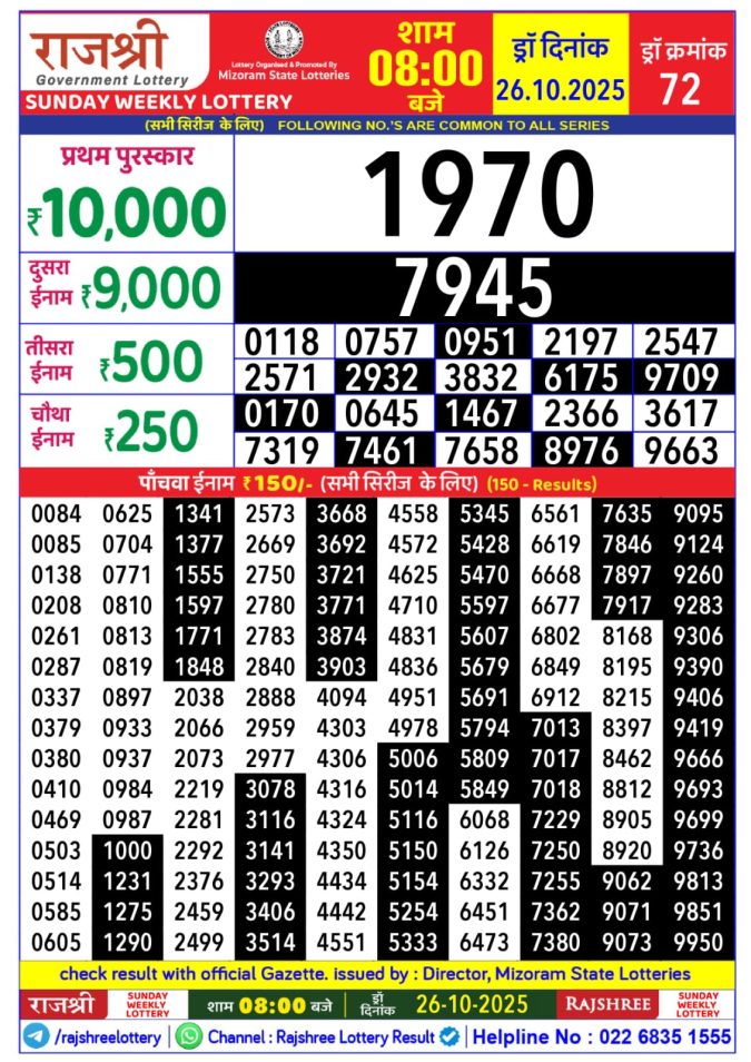 Rajshree Lottery 8PM Result 26.10.2025 Lottery Result Today October 26, 2025