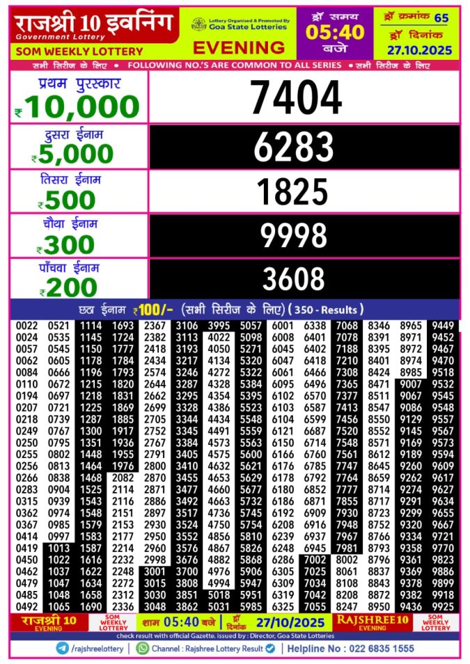 Rajshree 10 Evening Lottery 5.40 PM 27.10.2025 Lottery Result Today October 27, 2025