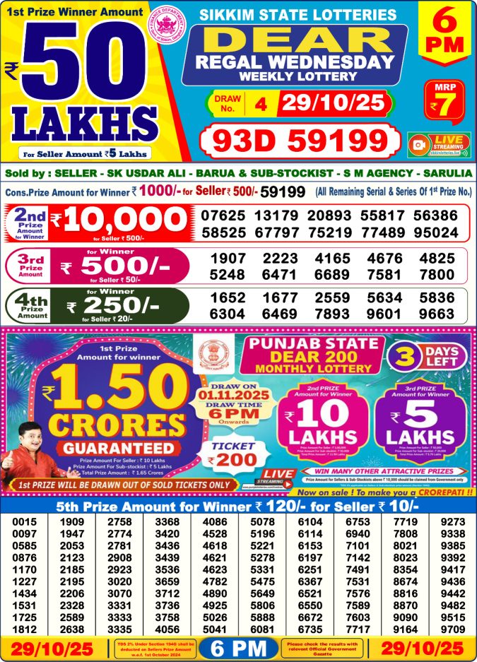 Dear Lottery Sambad 6PM Result Live 29.10.2025 Lottery Result Today October 29, 2025