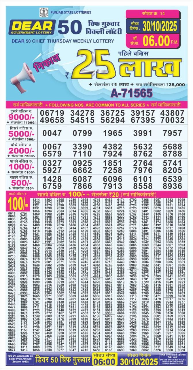 Lottery Result Today October 30, 2025