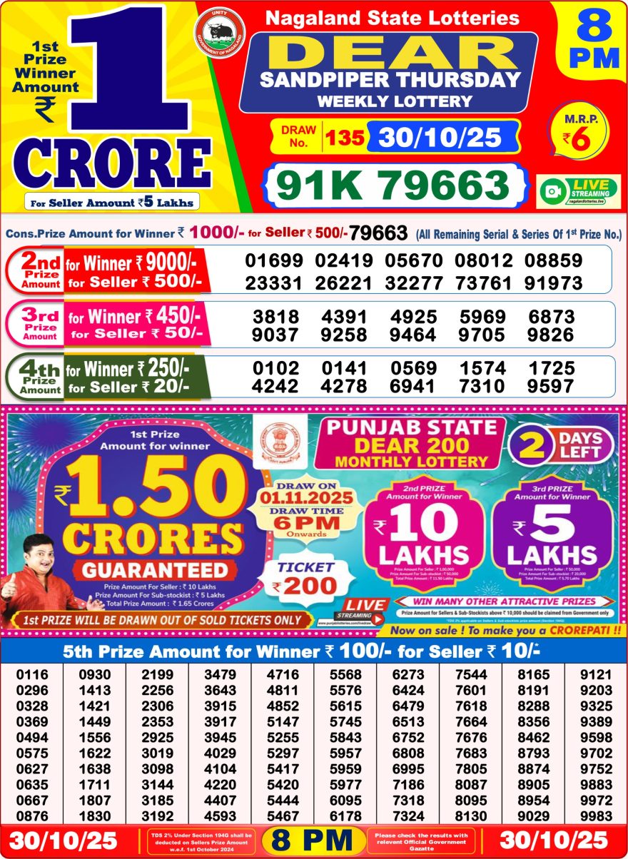 Lottery Result Today October 30, 2025