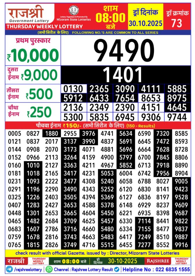 Rajshree Lottery 8PM Result 30.10.2025 Lottery Result Today October 30, 2025