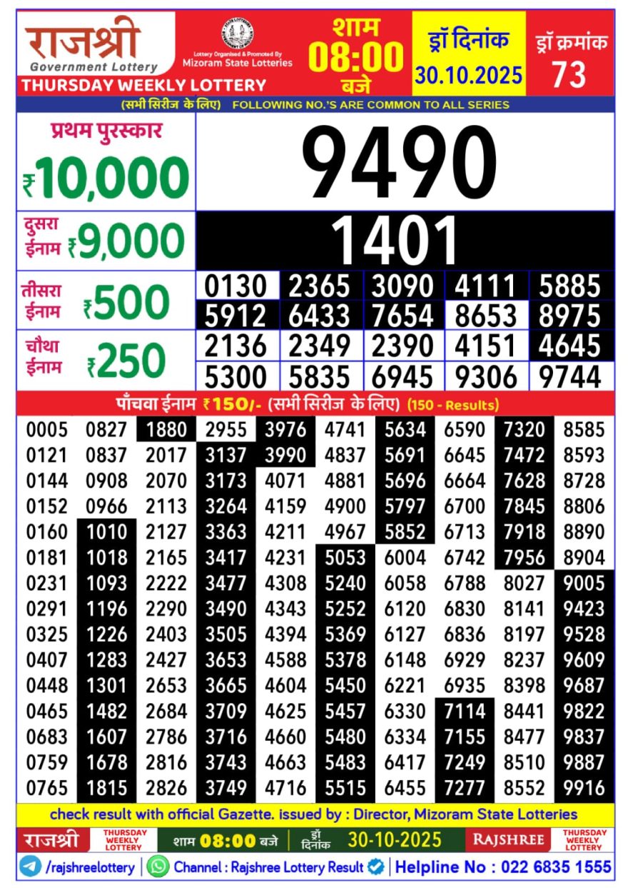 Lottery Result Today October 30, 2025