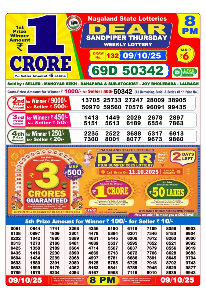Dear Lottery Sambad 8PM Result Declared 09.10.2025 Lottery Result Today October 9, 2025