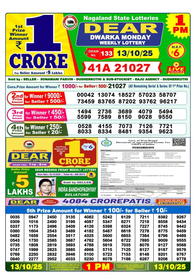 Dear Lottery Sambad 1PM Result Live 13.10.2025 Lottery Result Today October 13, 2025