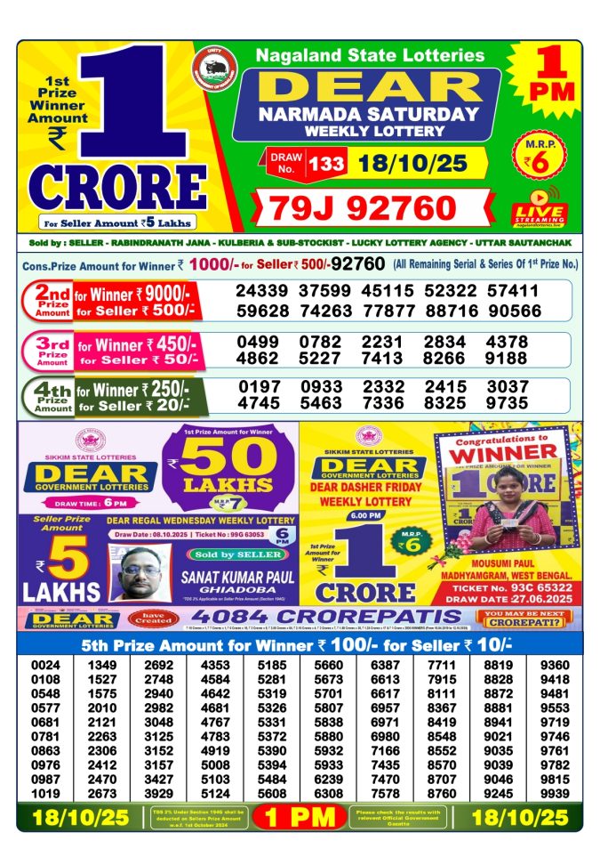 Dear Lottery Sambad 1PM Result Live 18.10.2025 Lottery Result Today October 18, 2025