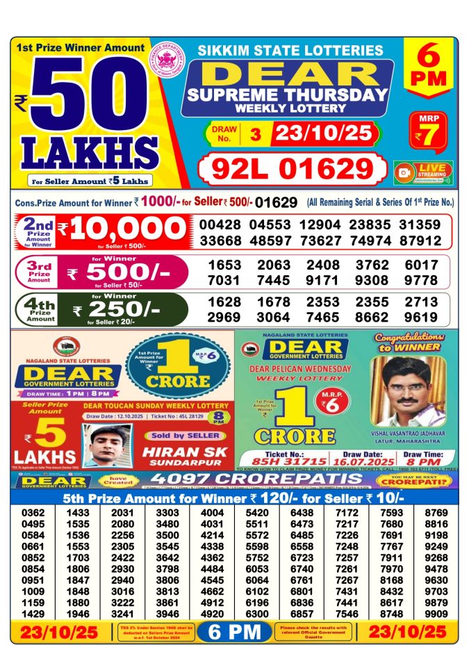 Dear Lottery Sambad 6PM Result Live 23.10.2025 Lottery Result Today October 23, 2025