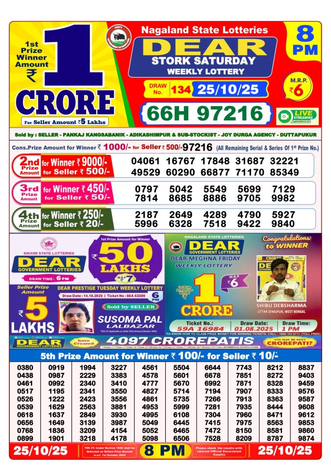 Dear Lottery Sambad 8PM Result Declared 25.10.2025 Lottery Result Today October 25, 2025