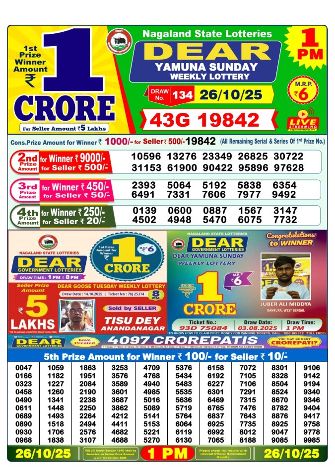 Dear Lottery Sambad 1PM Result Live 26.10.2025 Lottery Result Today October 26, 2025