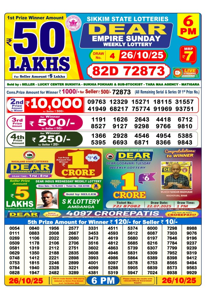 Dear Lottery Sambad 6PM Result Live 26.10.2025 Lottery Result Today October 26, 2025