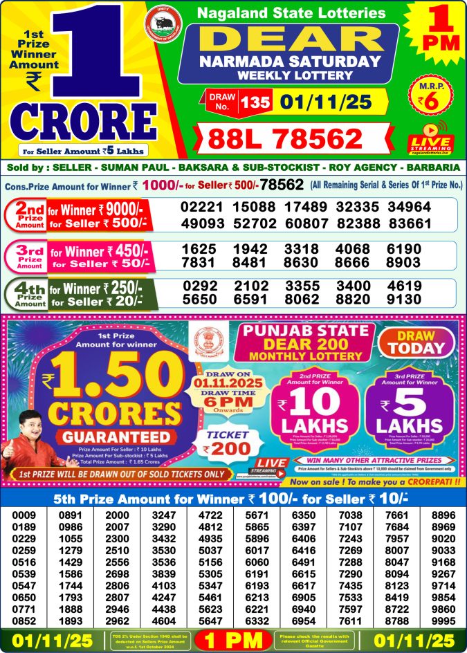 Dear Lottery Sambad 1PM Result Live 01.11.2025 Lottery Result Today November 1, 2025