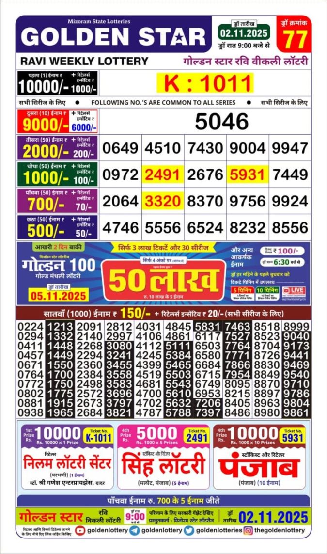 Golden Star Lottery 9pm Result Published 02.11.2025 Lottery Result Today November 2, 2025