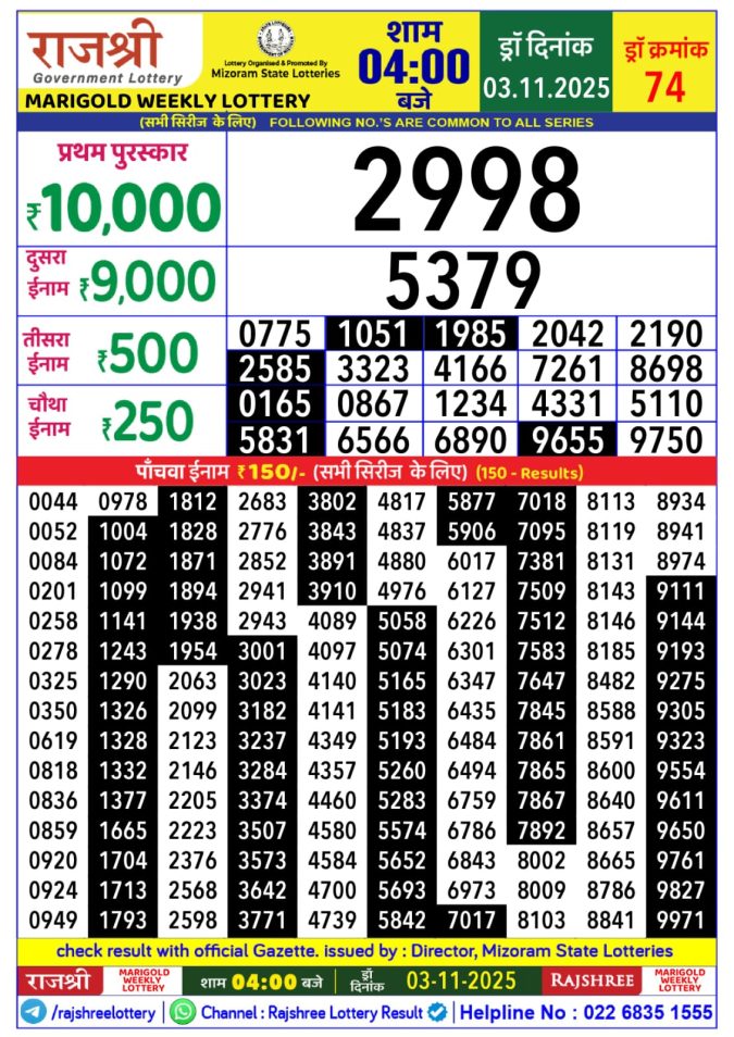 Rajshree Lottery 4:00 PM Result 03.11.2025 Lottery Result Today November 3, 2025