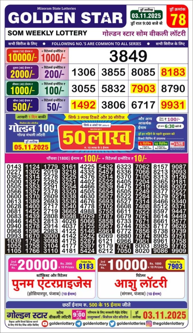 Golden Star Lottery 9pm Result Published 03.11.2025 Lottery Result Today November 3, 2025
