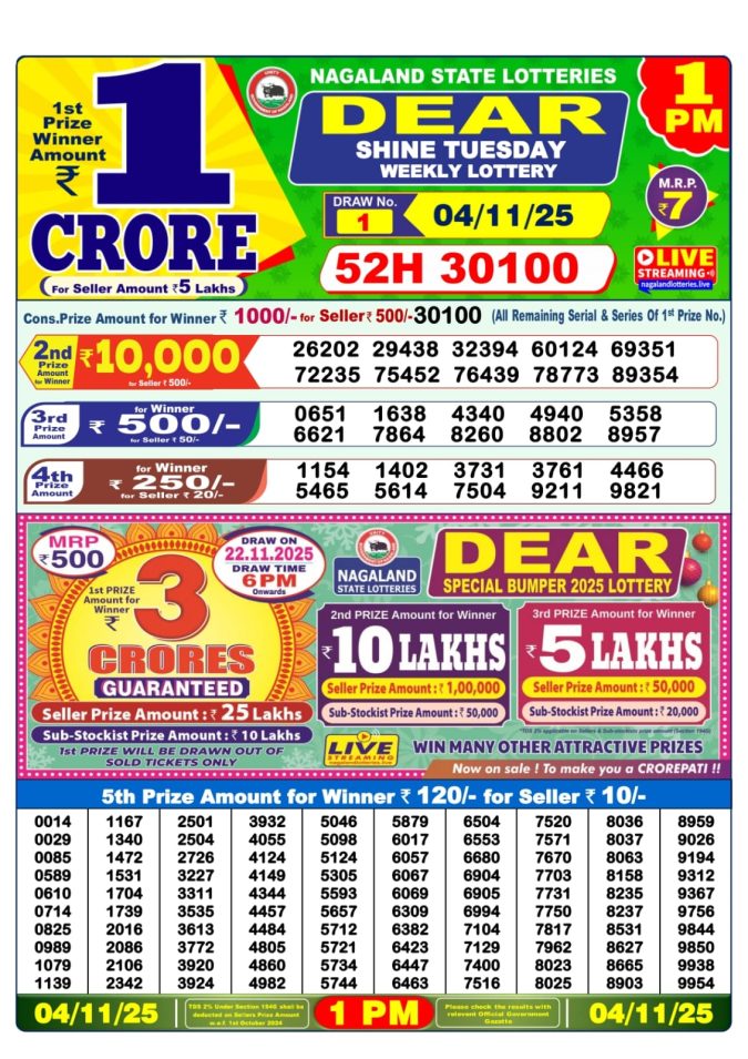 Dear Lottery Sambad 1PM Result Live 04.11.2025 Lottery Result Today November 4, 2025
