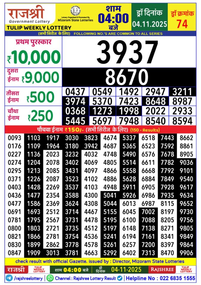 Rajshree Lottery 4:00 PM Result 04.11.2025 Lottery Result Today November 4, 2025