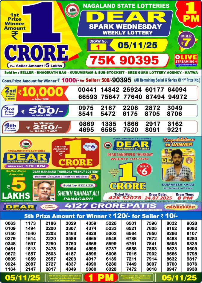 Dear Sambad 1 PM Result Today (Live) | 05.11.25 Lottery Result Today November 5, 2025
