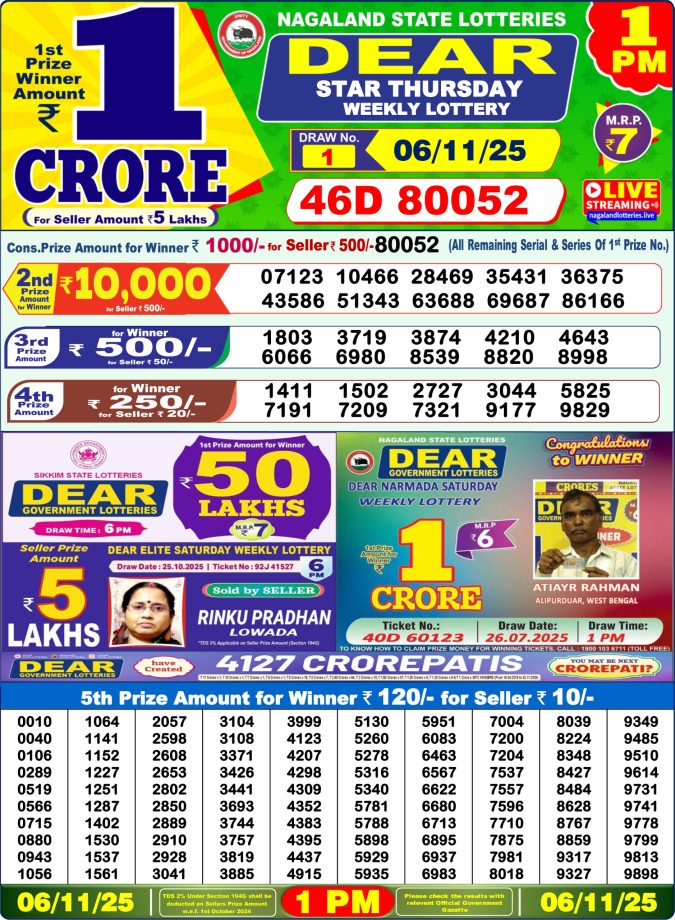 Dear Sambad 1 PM Result Today (Live) | 06.11.25 Lottery Result Today November 6, 2025