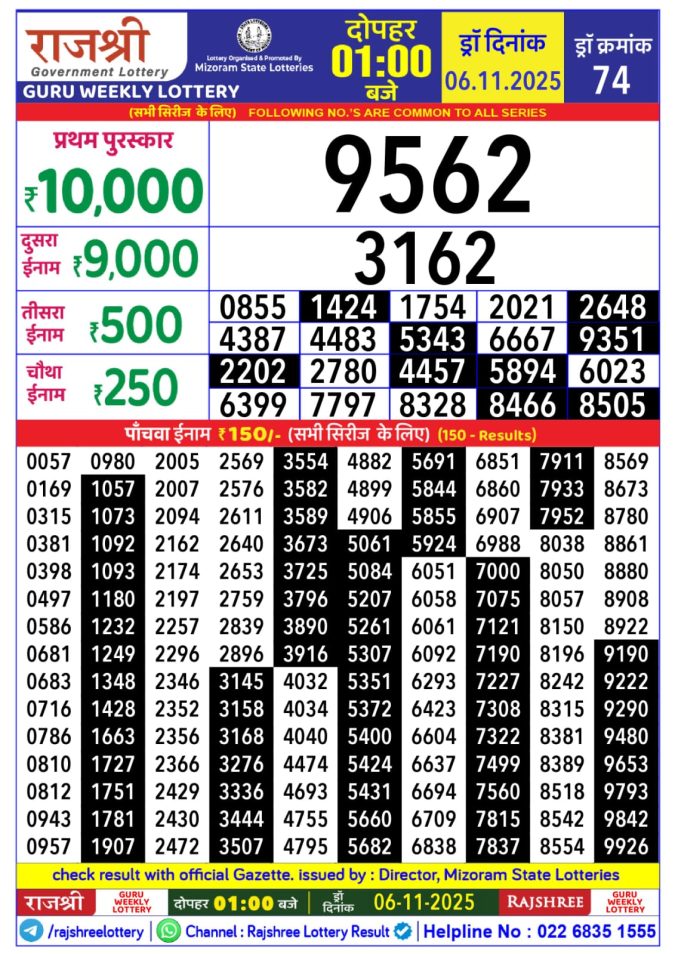 Rajshree Lottery 1 PM Result Today | 06.11.25 Lottery Result Today November 6, 2025