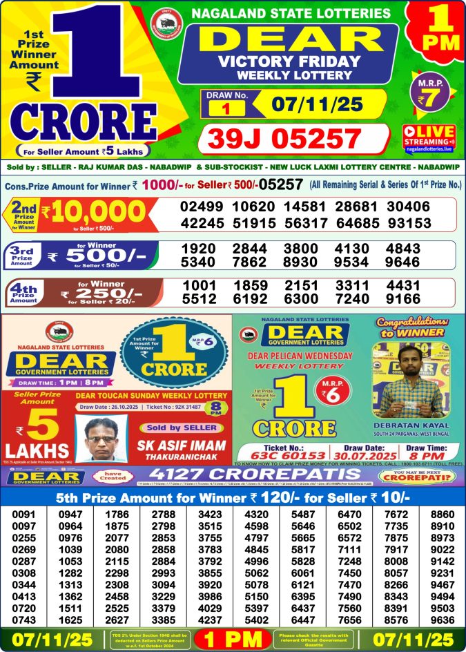 Dear Sambad 1 PM Result Today (Live) | 07.11.25 Lottery Result Today November 7, 2025