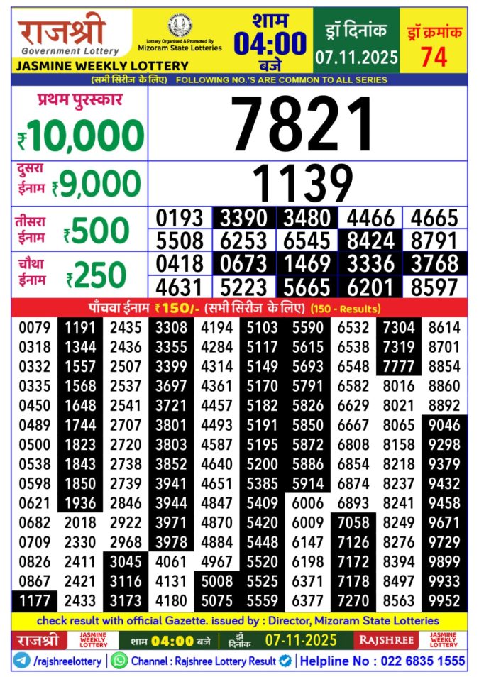 Lottery Result Today November 7, 2025