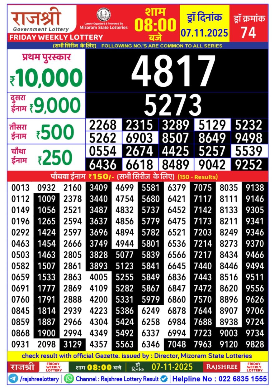 Lottery Result Today November 7, 2025