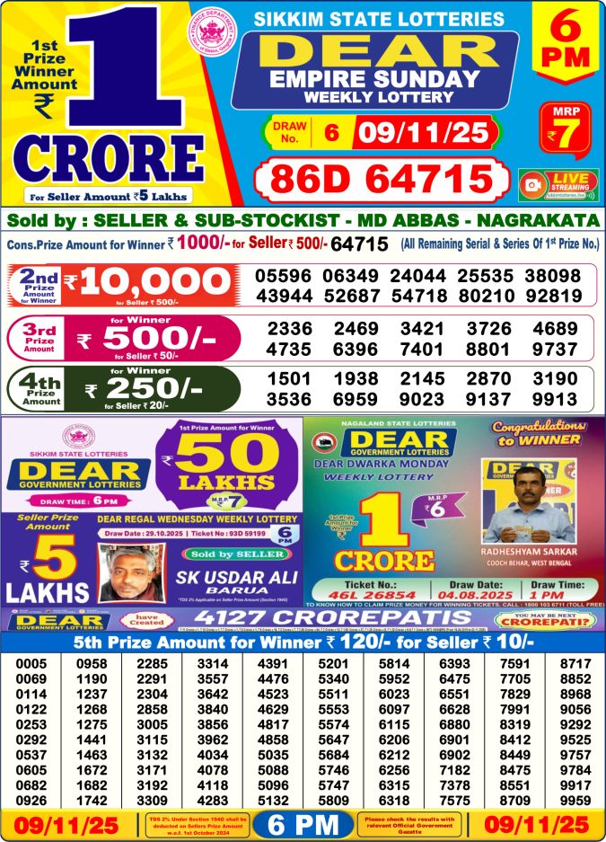 Dear Sambad 6 PM Result Today (Live) | 09.11.25 Lottery Result Today November 9, 2025