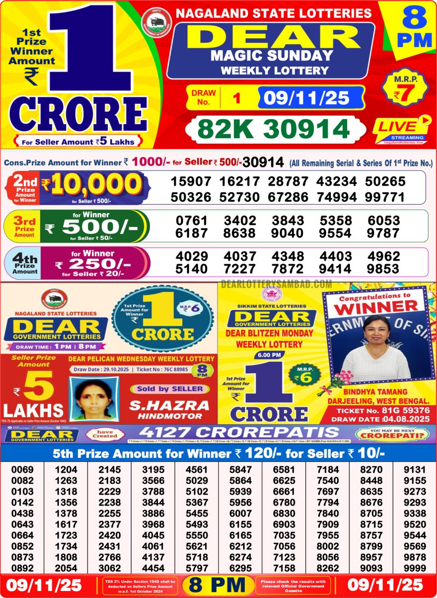 Lottery Result Today November 9, 2025