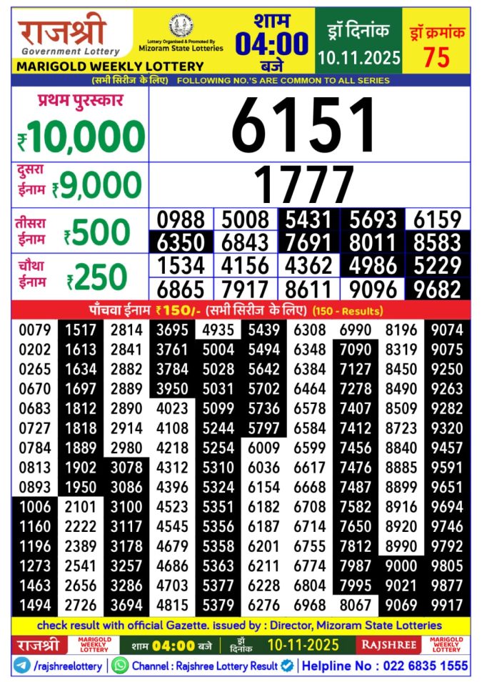 Lottery Result Today November 10, 2025