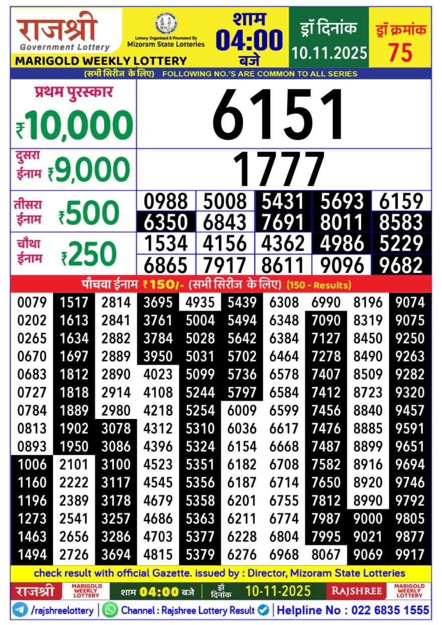 Lottery Result Today November 10, 2025