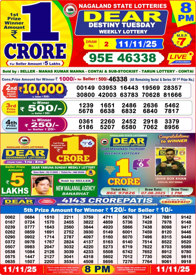 Dear Sambad 8 PM Result Today (Live) | 11.11.25 Lottery Result Today November 11, 2025