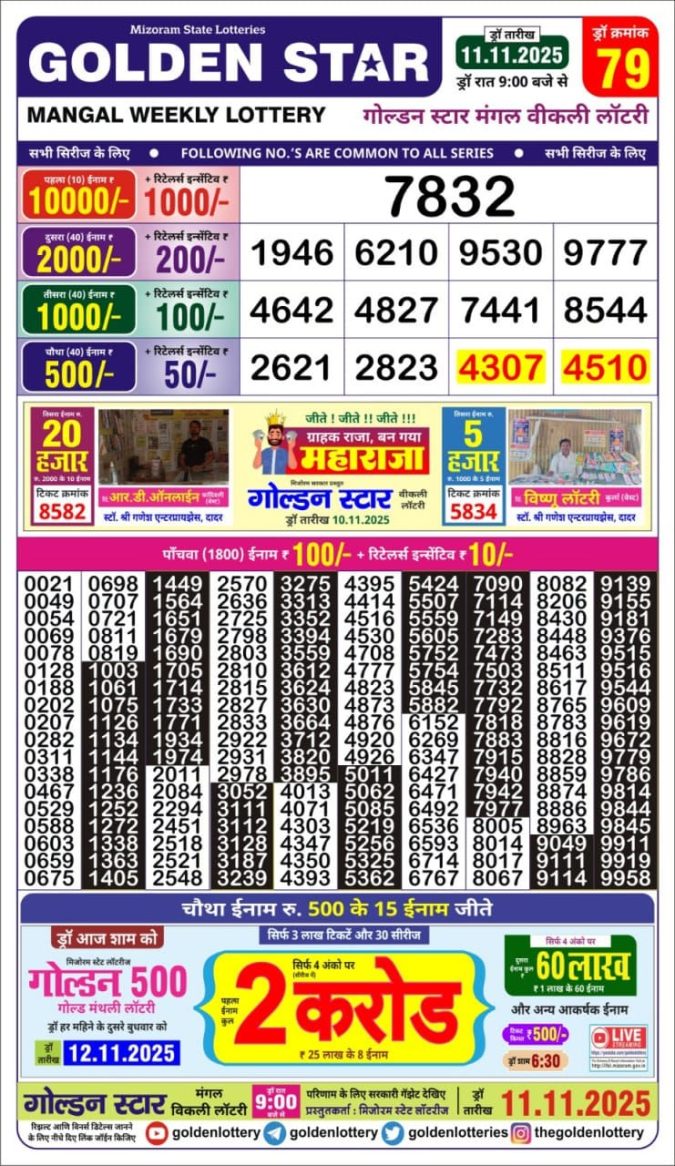 Golden Star 9 PM Lottery Result Today | 11.11.25 Lottery Result Today November 11, 2025