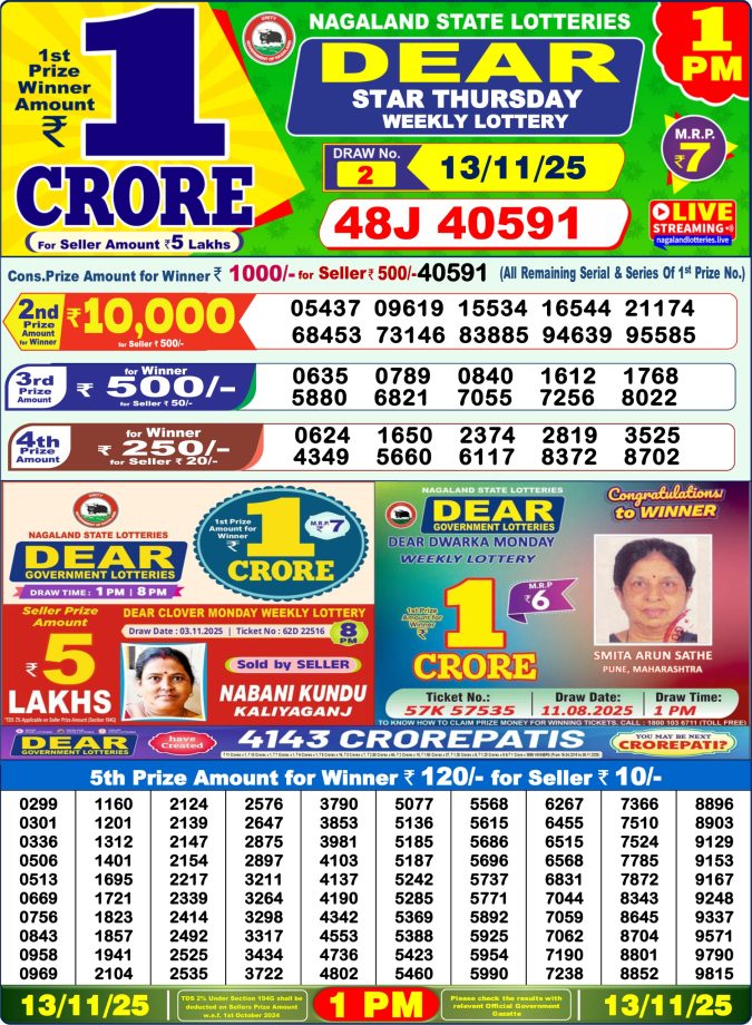 Lottery Result Today November 13, 2025