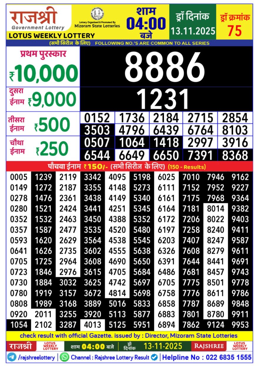 Lottery Result Today November 13, 2025