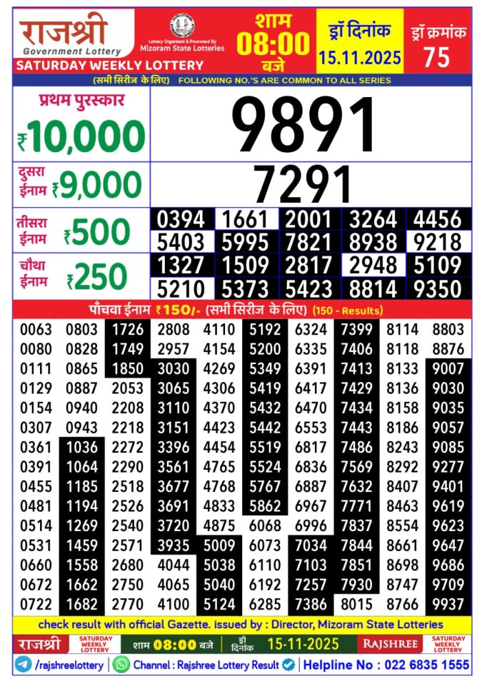 Rajshree Lottery 8 PM Result Today | 15.11.25 Lottery Result Today November 15, 2025