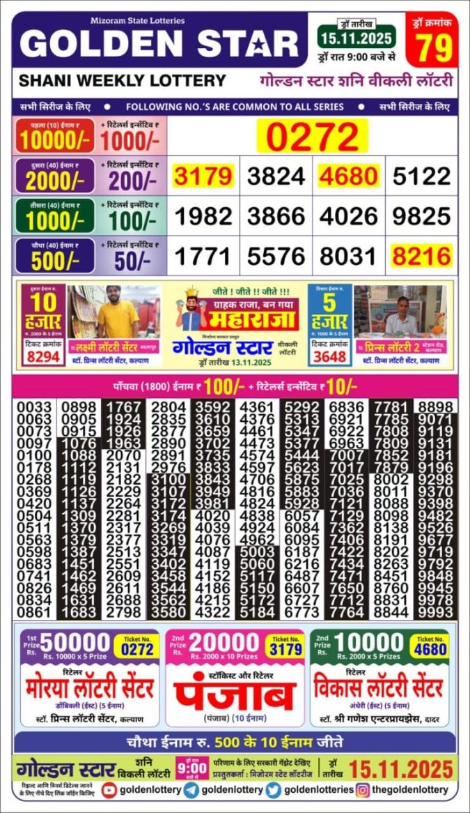 Golden Star 9 PM Lottery Result Today | 15.11.25 Lottery Result Today November 15, 2025